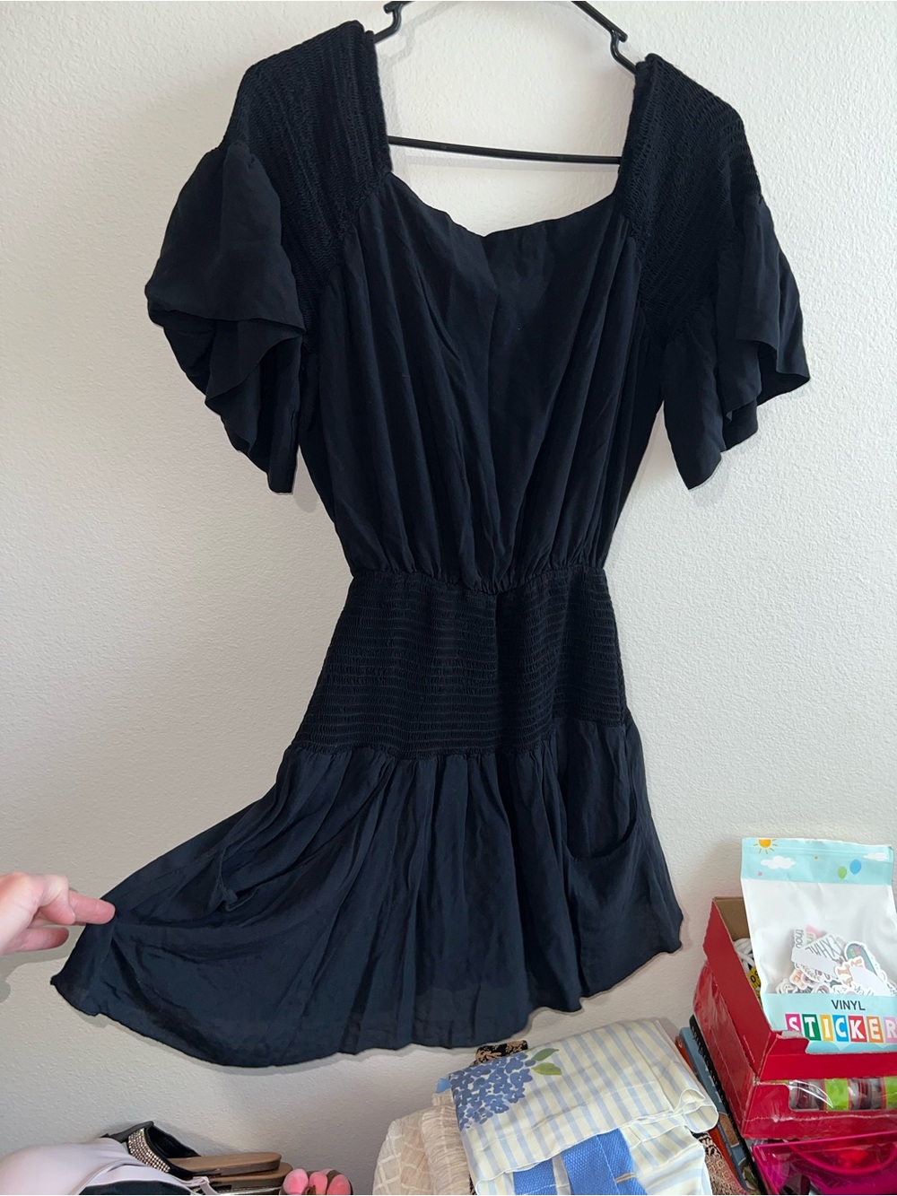 Free People Navy Blue Smocked-Waist Puff Sleeve Mini Dress